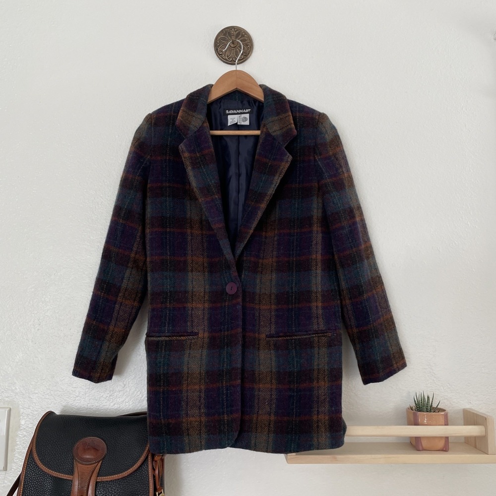 Vintage Wool Plaid Blazer Women's Gold‎ Navy Purple Prep School Old Money